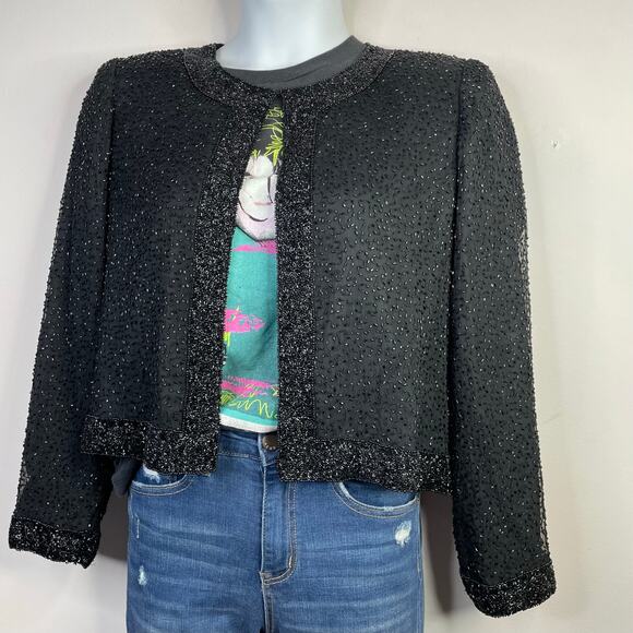 Vintage 90s Stenay Black Silk Glam Party Beaded Long Sleeve Jacket Womens M L - Picture 8 of 9